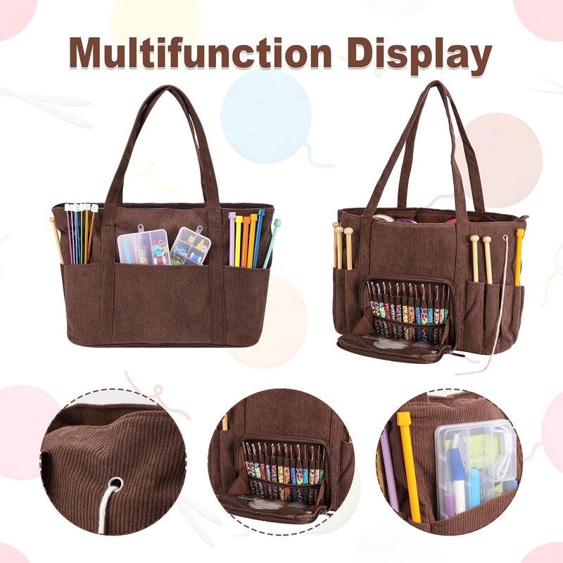 LOOEN Crochet Bag Organizer, Large Capacity Yarn Storage Bag, Portable Corduroy Knitting Bag and Totes for Travel, Used to Organize Yarn, Crochet Hooks, Ideal Gift for Crochet Lovers(Brown) - Image 4
